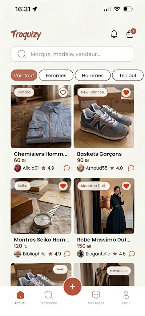Écran d'accueil de l'application Troquizy : recherche, filtres Femmes, Hommes, Tsniout et articles de seconde main à vendre.